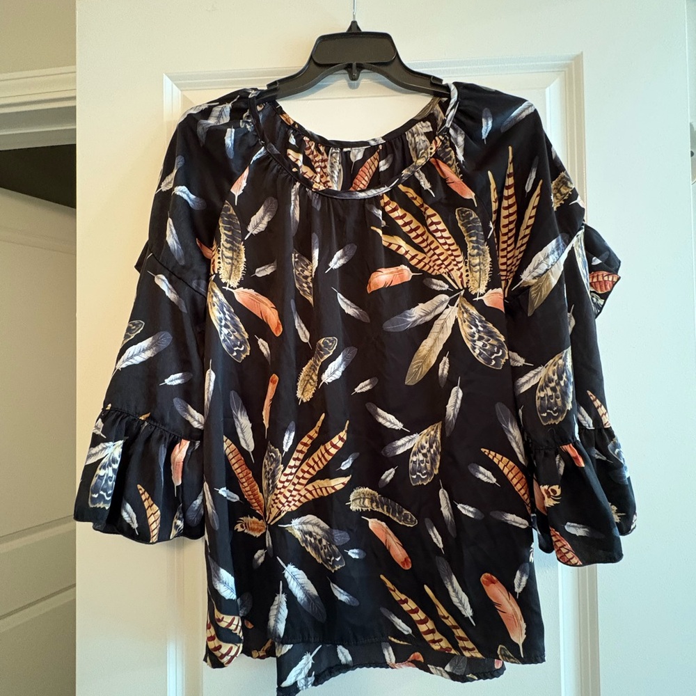 Floral Black Blouse with Ruffle Sleeves